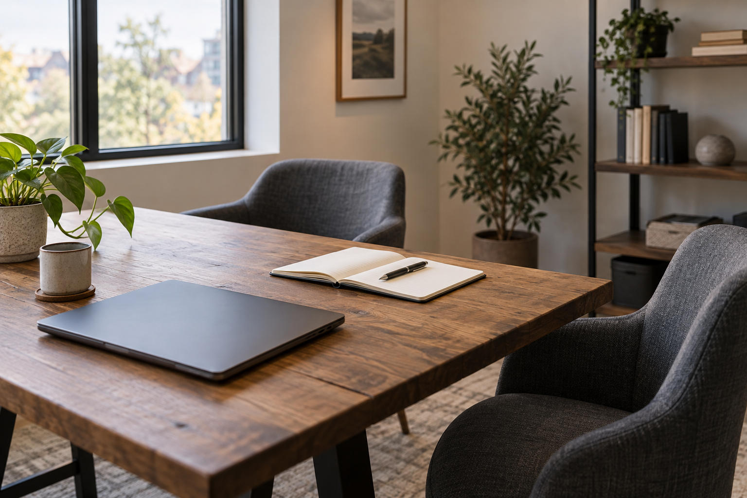 Illustrative technology planning workspace with a laptop and notebook