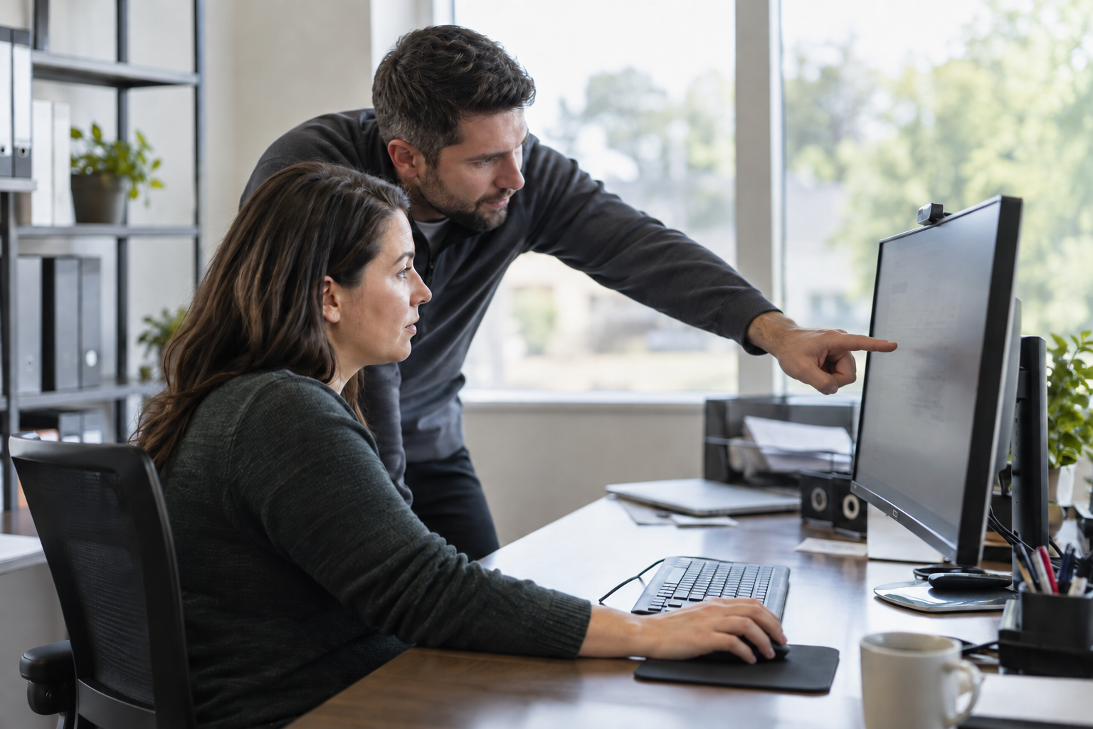 A technician assisting a small business employee with a computer